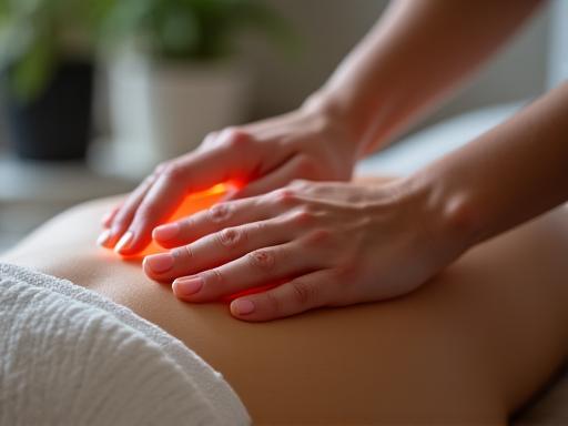A practitioner's hands gently held over a client during a reiki session.