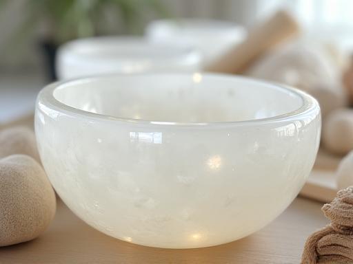 A close-up of crystal singing bowls used for sound healing.