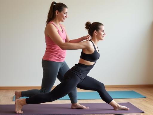 A yoga teacher guiding a student in an advanced posture.