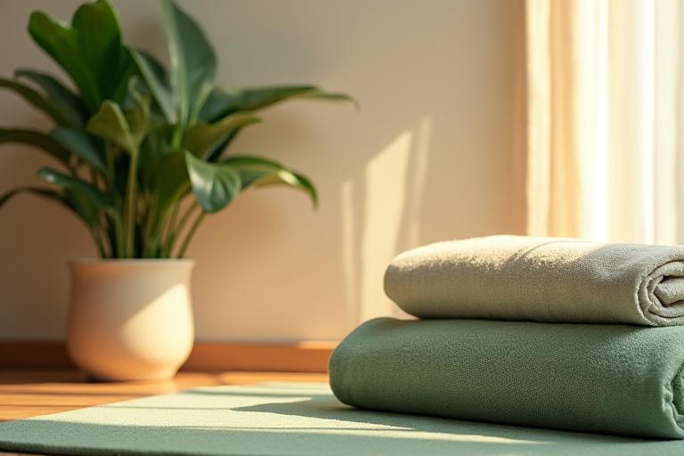 A peaceful corner of the yoga studio with neatly folded blankets, a green plant, and soft natural light.