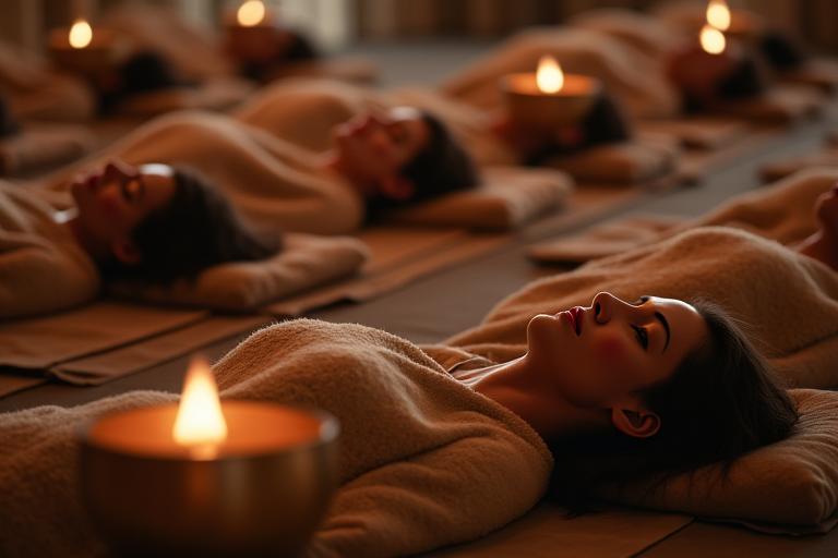 People lying down peacefully on yoga mats covered with blankets during a sound bath.
